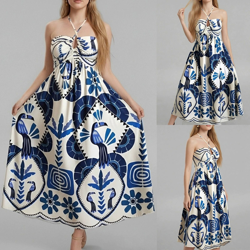 ZARA Sexy Elegant Printed Halter Neck Cinched Waist Summer Dress